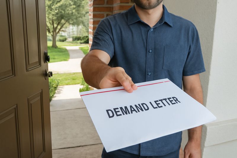 A person handing over an envelope marked “Demand Letter”
